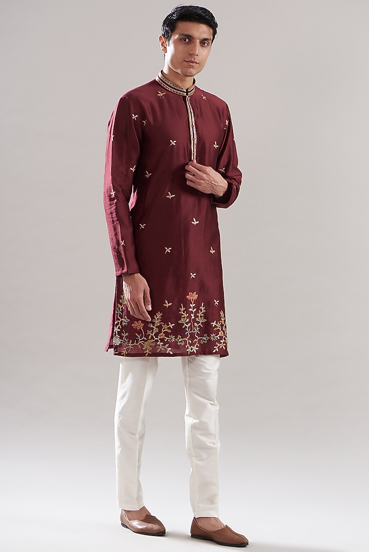 Maroon Cotton Silk Floral Printed & Sequins Work Bundi Jacket Set by ASUKA at Pernia's Pop Up Shop