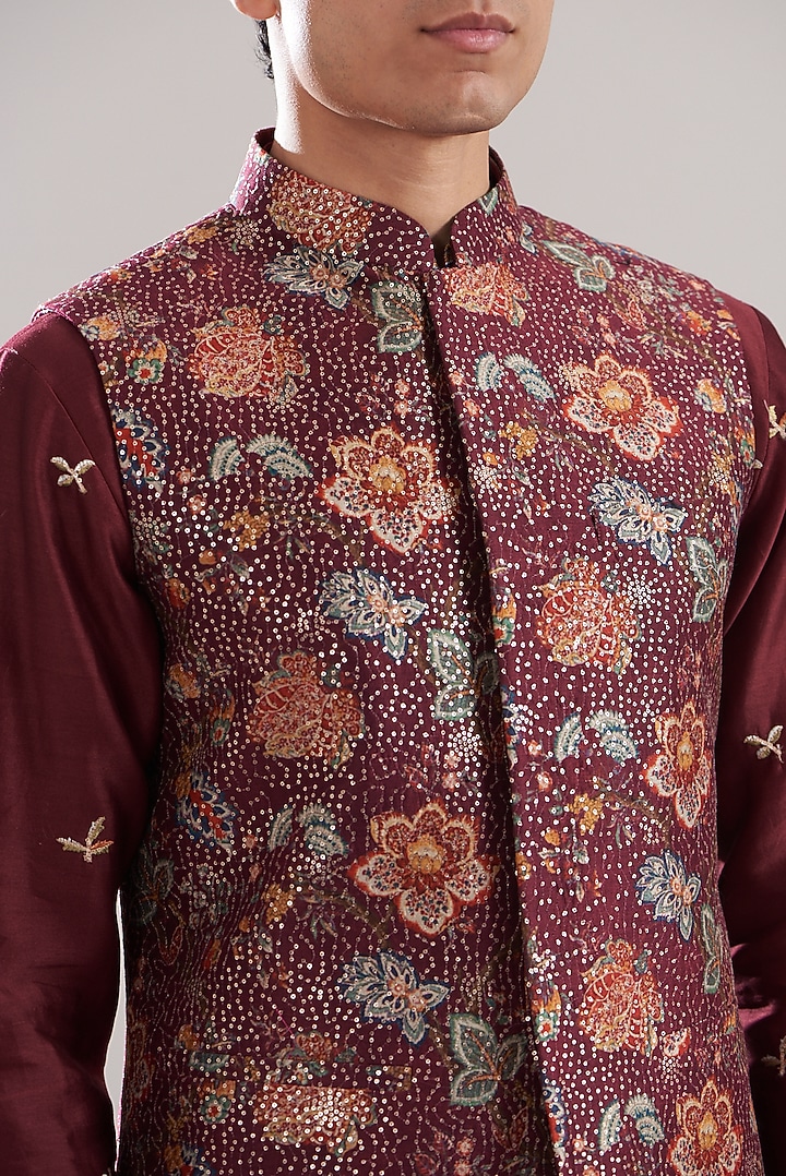 Maroon Cotton Silk Floral Printed & Sequins Work Bundi Jacket Set by ASUKA at Pernia's Pop Up Shop