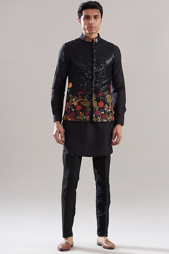 Black Cotton Silk Sequins Embroidered Bundi Jacket Set by ASUKA at Pernia's Pop Up Shop