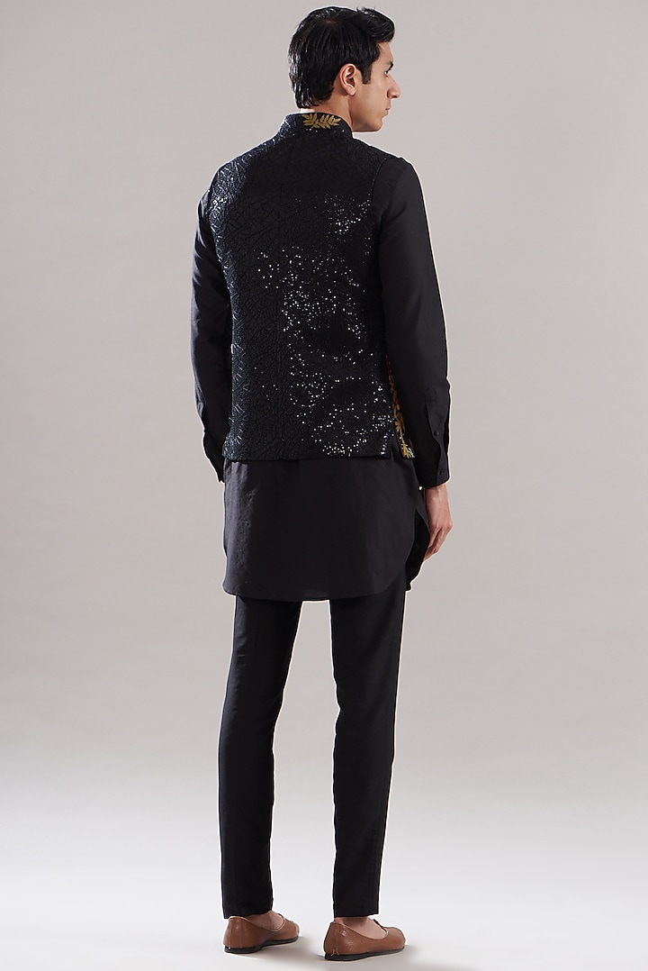 Black Cotton Silk Sequins Embroidered Bundi Jacket Set by ASUKA at Pernia's Pop Up Shop
