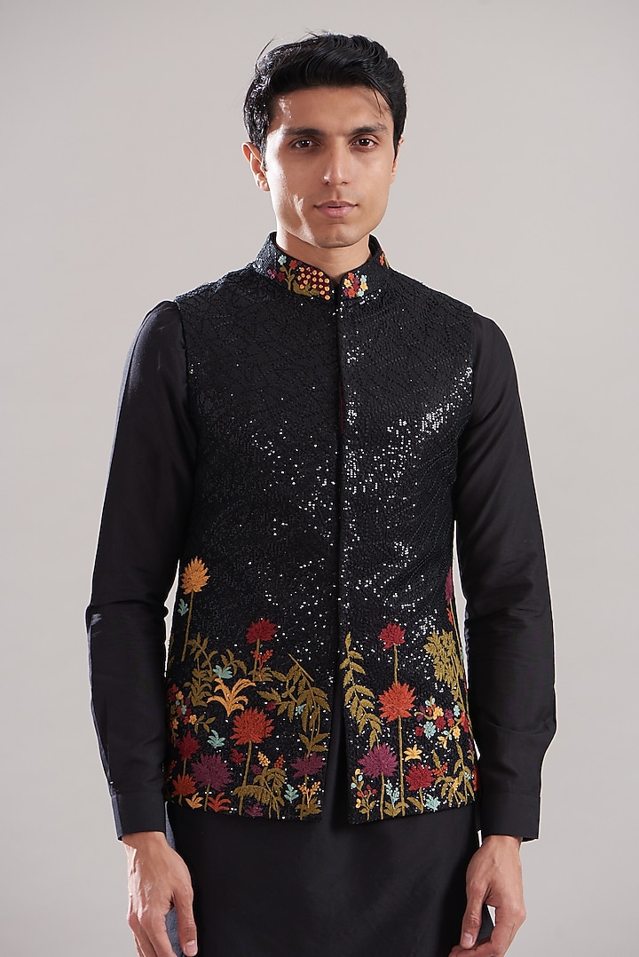 Black Cotton Silk Sequins Embroidered Bundi Jacket Set by ASUKA at Pernia's Pop Up Shop