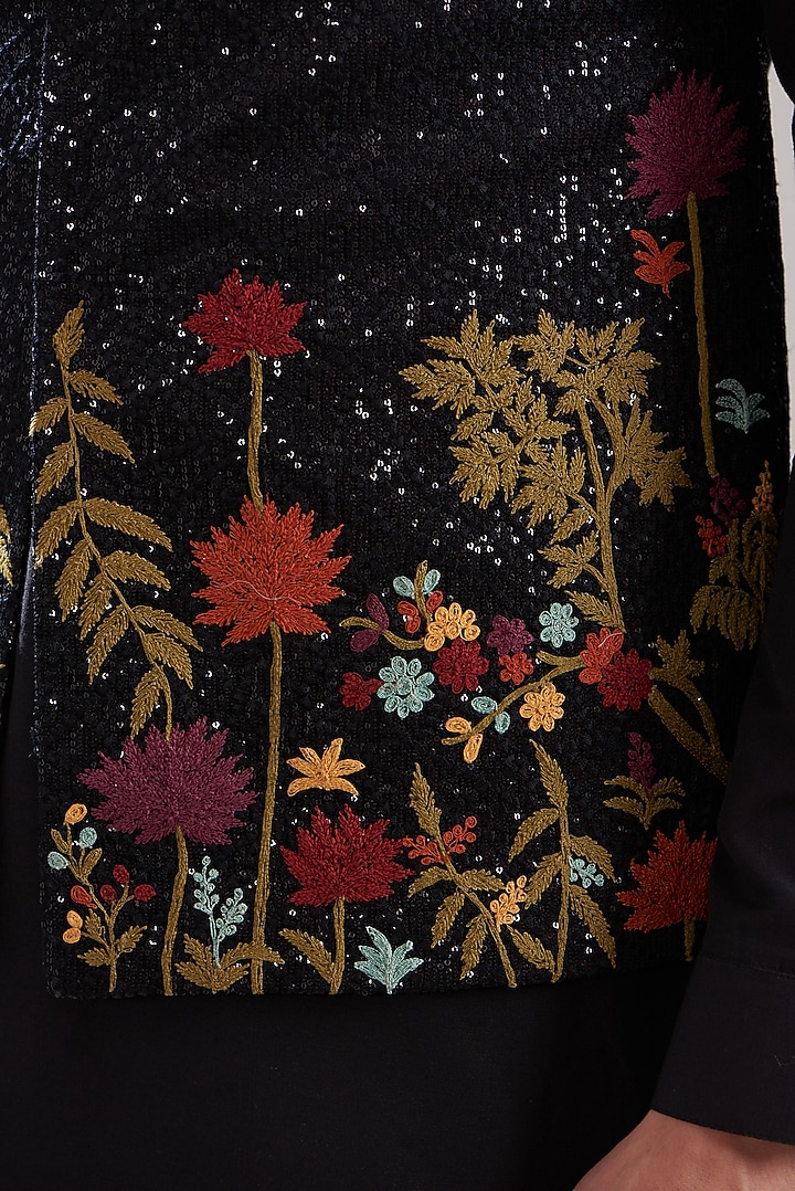Black Cotton Silk Sequins Embroidered Bundi Jacket Set by ASUKA at Pernia's Pop Up Shop