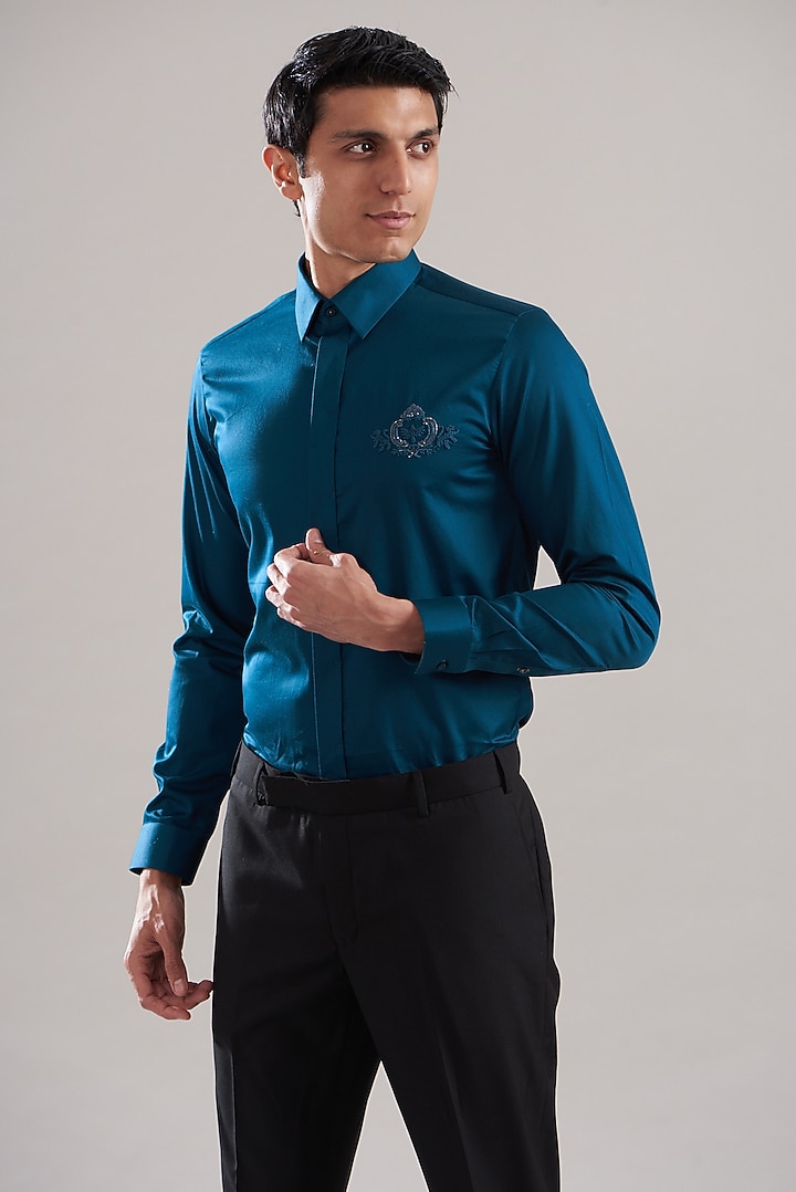 Teal Egyptian Giza Cotton Summer Shirt by ASUKA at Pernia's Pop Up Shop