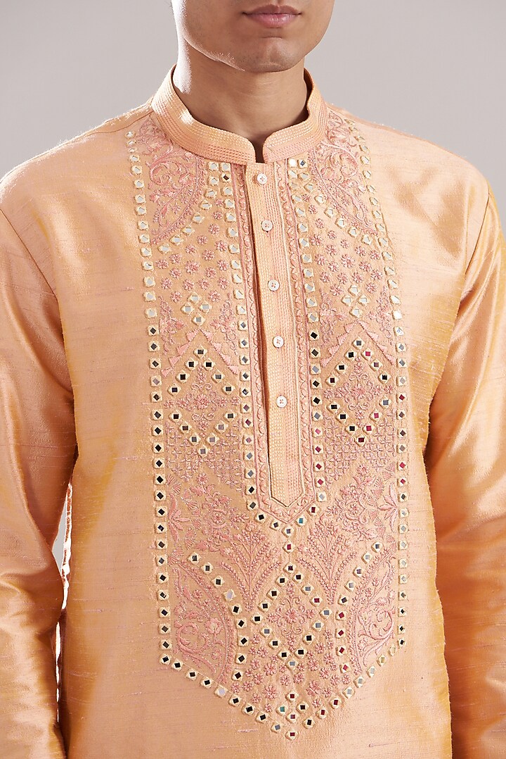 Buy Asuka Peach Raw Silk Embroidered Kurta Set At Pernia Spopupshopmen 2025