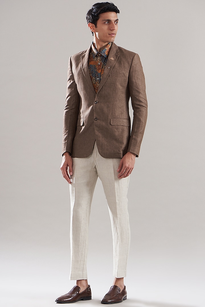 Brown Linen Blazer Set by ASUKA