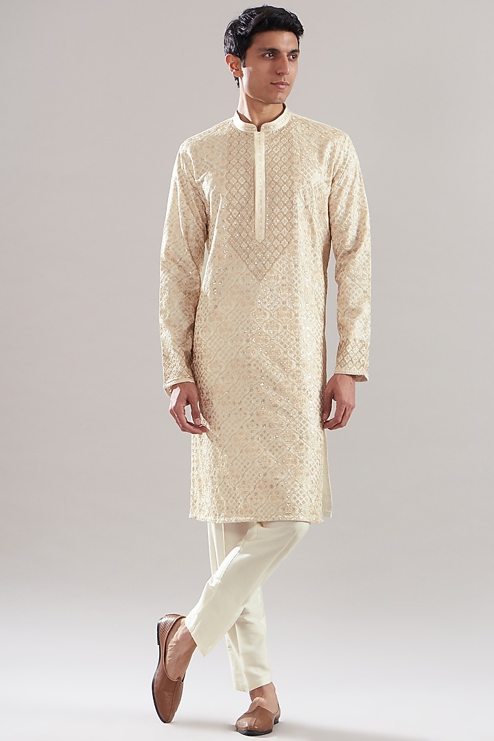 Ivory Chanderi Silk Resham Embroidered Kurta Set by ASUKA at Pernia's Pop Up Shop