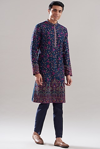 Ink Blue Cotton Silk Embroidered Kurta Set by ASUKA