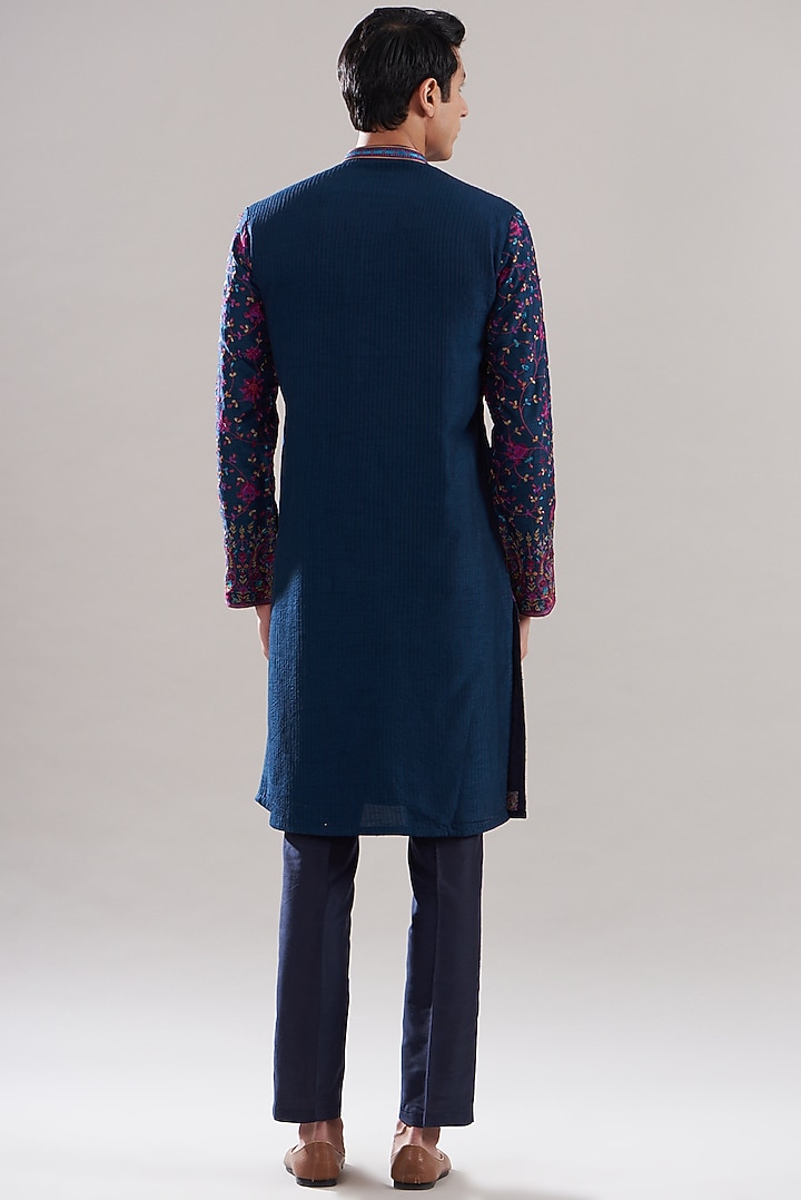 Ink Blue Cotton Silk Embroidered Kurta Set by ASUKA at Pernia's Pop Up Shop