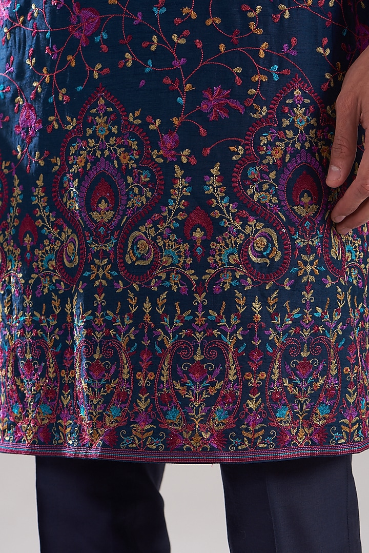 Ink Blue Cotton Silk Embroidered Kurta Set by ASUKA at Pernia's Pop Up Shop