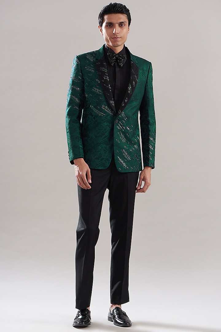 Teal Jacquard Hand Embroidered Tuxedo Set by ASUKA