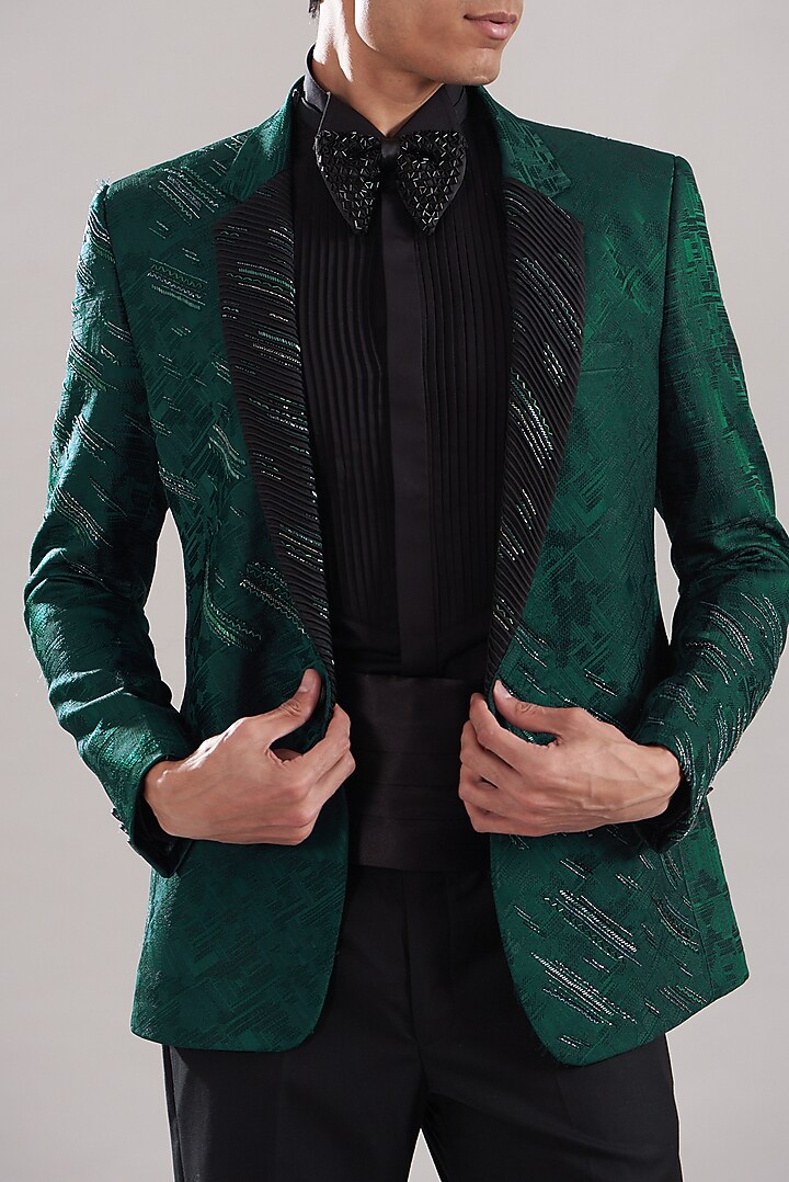 Teal Jacquard Hand Embroidered Tuxedo Set by ASUKA at Pernia's Pop Up Shop