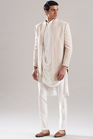 White Cotton Silk Embroidered Indowestern Set by ASUKA