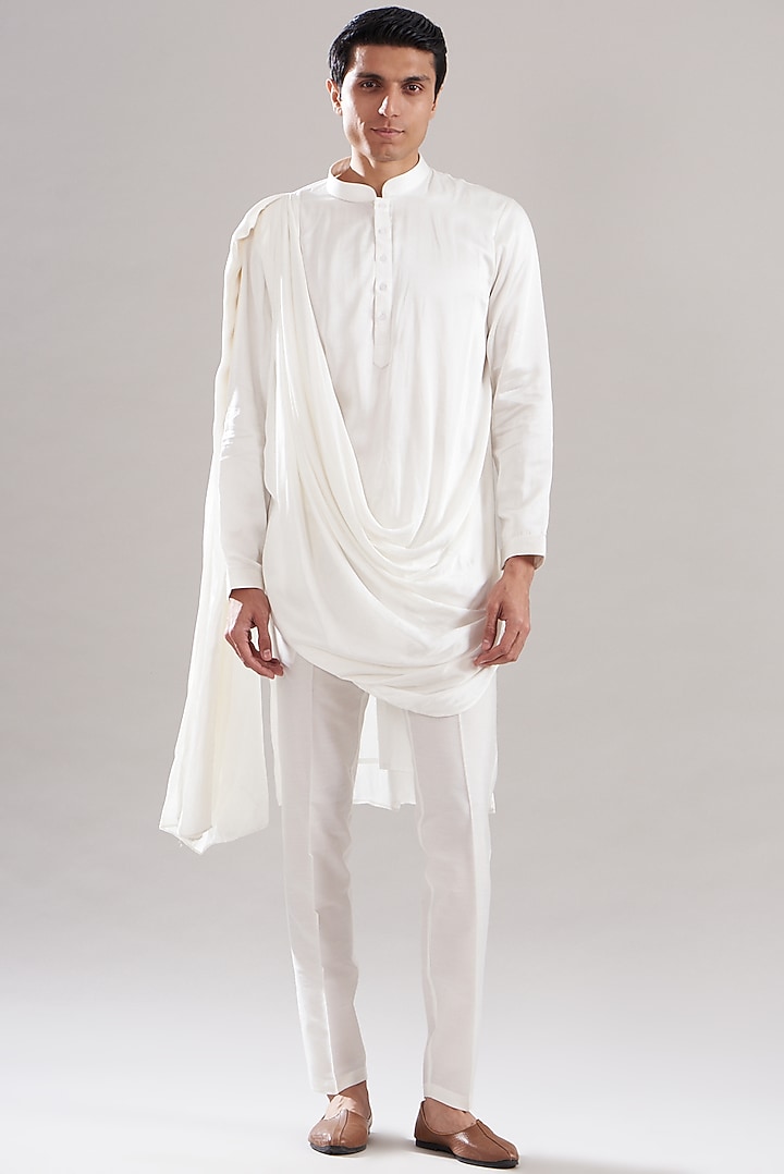 White Cotton Silk Embroidered Wedding Indowestern Set by ASUKA at Pernia's Pop Up Shop