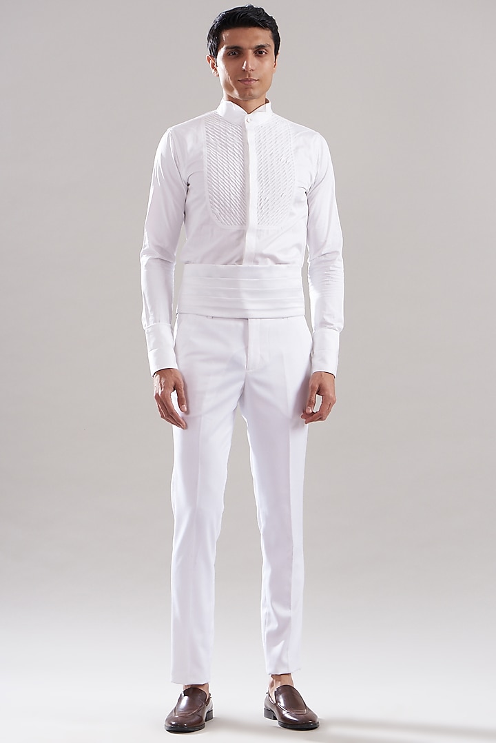 White Cotton Silk Embroidered Tuxedo Set by ASUKA at Pernia's Pop Up Shop