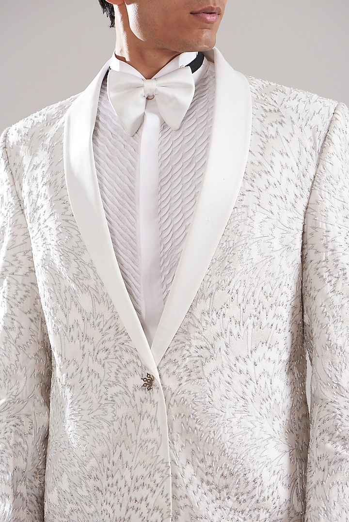 White Cotton Silk Embroidered Tuxedo Set by ASUKA at Pernia's Pop Up Shop