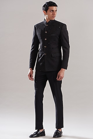 Black Scuba Embellished Bandhgala Set by ASUKA