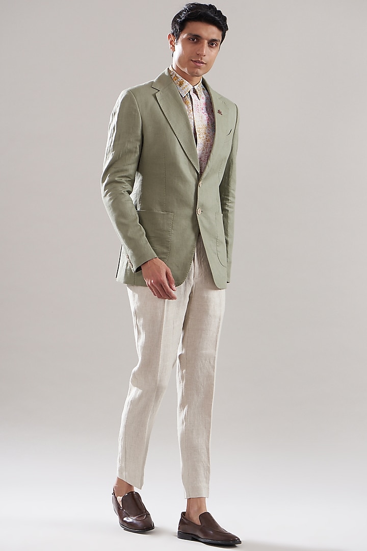 Mint Green Pure Irish Linen Blazer Set by ASUKA