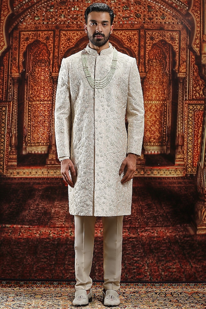 Cream Raw Silk Sequin Hand Embroidered Sherwani Set by ASUKA