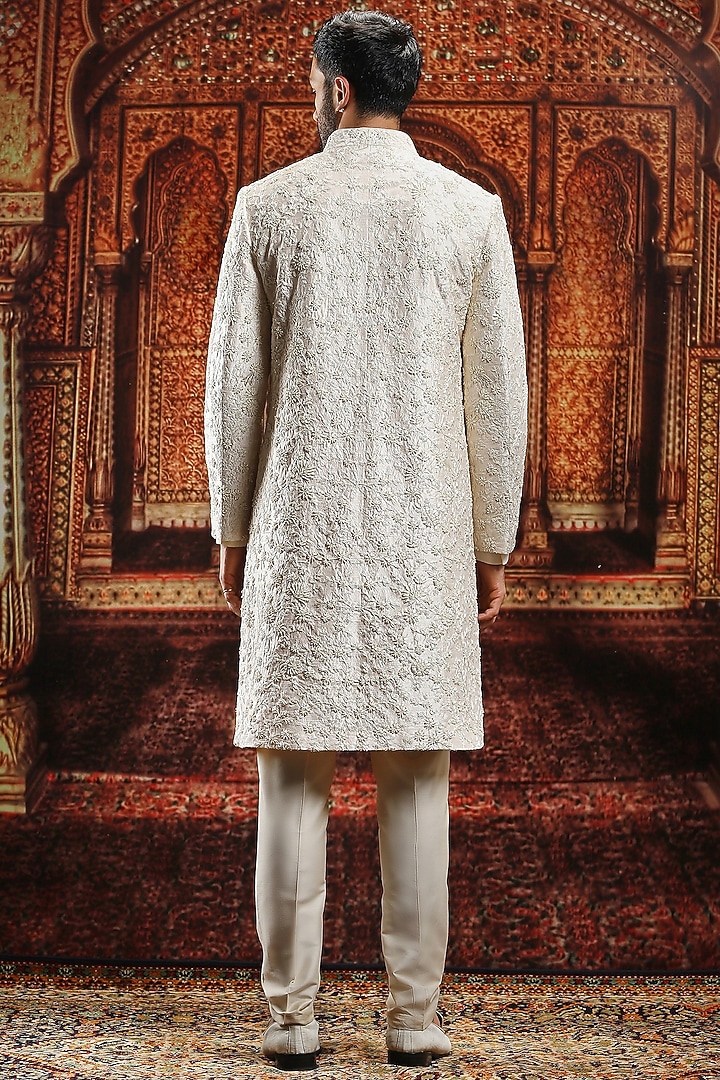 Cream Raw Silk Sequin Hand Embroidered Groom Sherwani Set by ASUKA at Pernia's Pop Up Shop