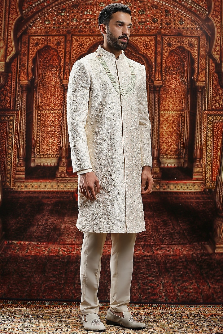 Cream Raw Silk Sequin Hand Embroidered Groom Sherwani Set by ASUKA at Pernia's Pop Up Shop