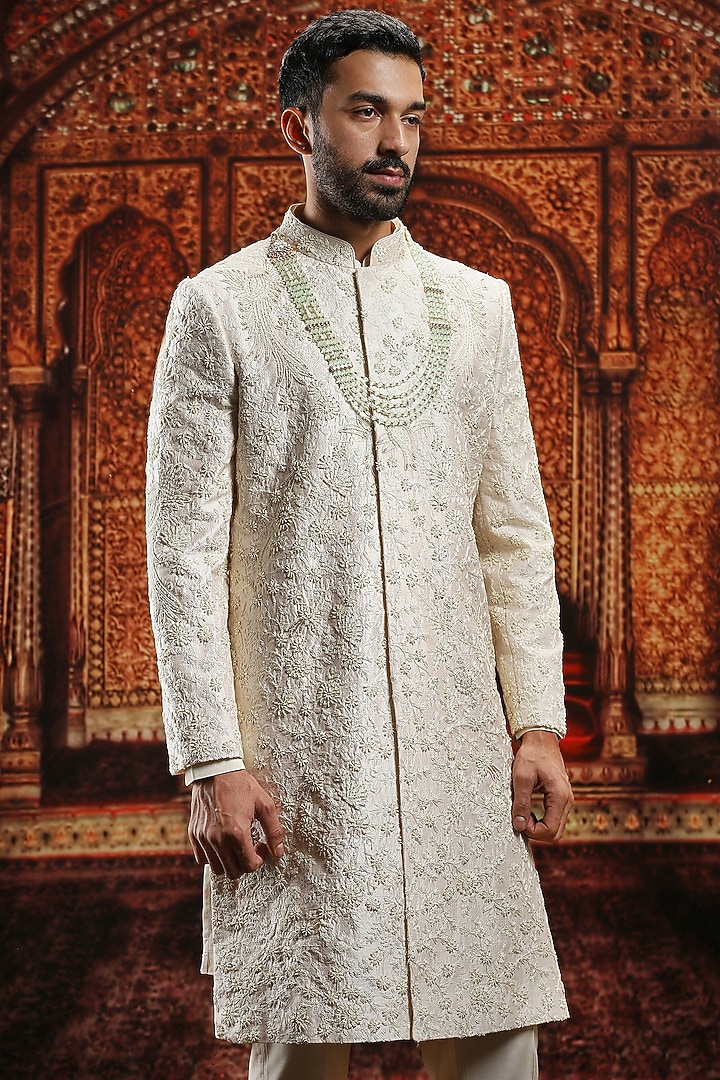 Cream Raw Silk Sequin Hand Embroidered Groom Sherwani Set by ASUKA at Pernia's Pop Up Shop