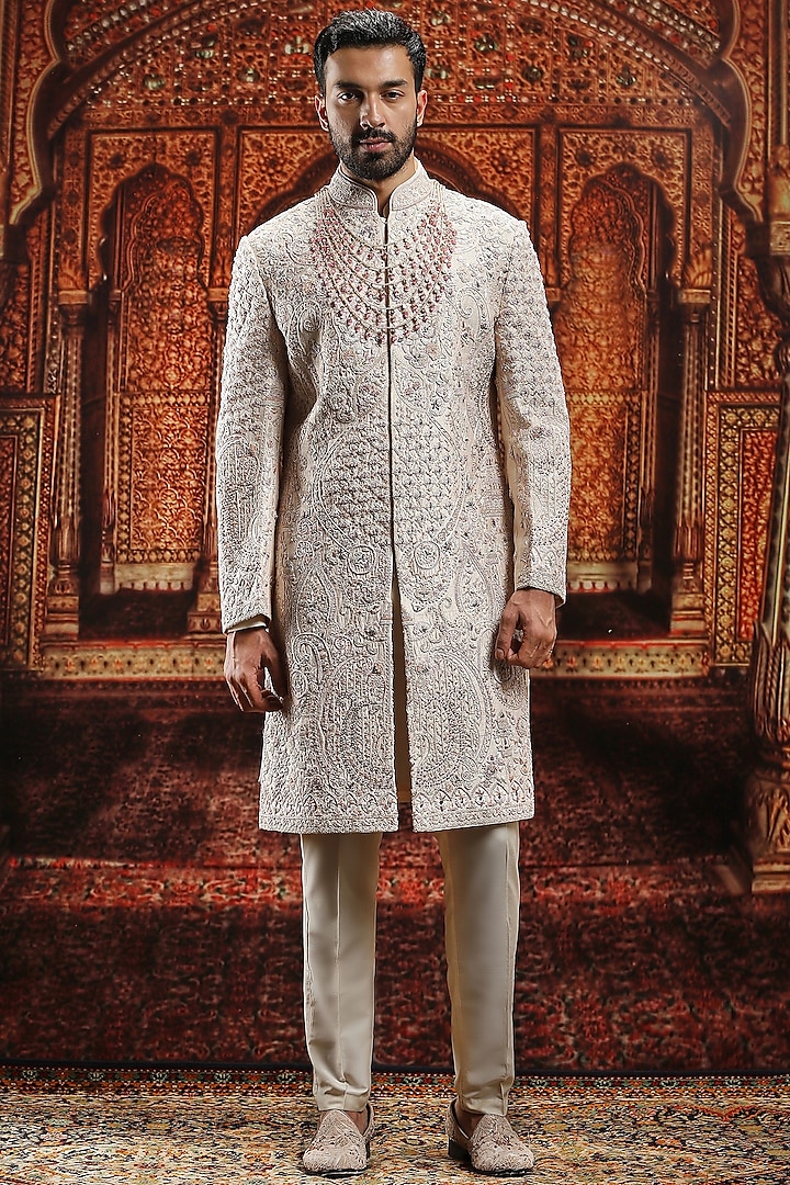 Sand Brown Raw Silk Resham Hand Embroidered Sherwani Set by ASUKA