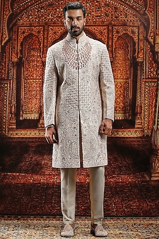 Sand Brown Raw Silk Resham Hand Embroidered Sherwani Set by ASUKA