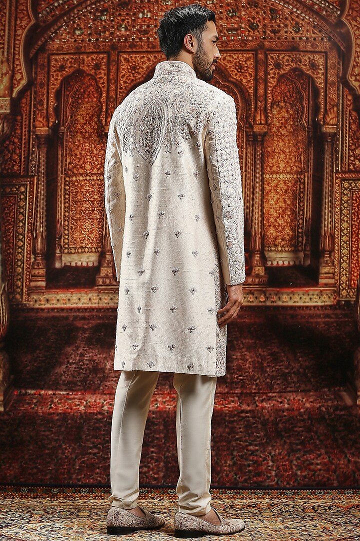 Sand Brown Raw Silk Resham Hand Embroidered Groom Sherwani Set by ASUKA at Pernia's Pop Up Shop