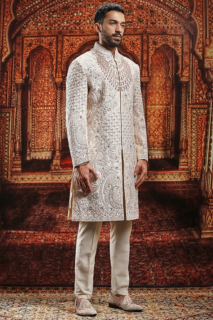 Sand Brown Raw Silk Resham Hand Embroidered Groom Sherwani Set by ASUKA at Pernia's Pop Up Shop
