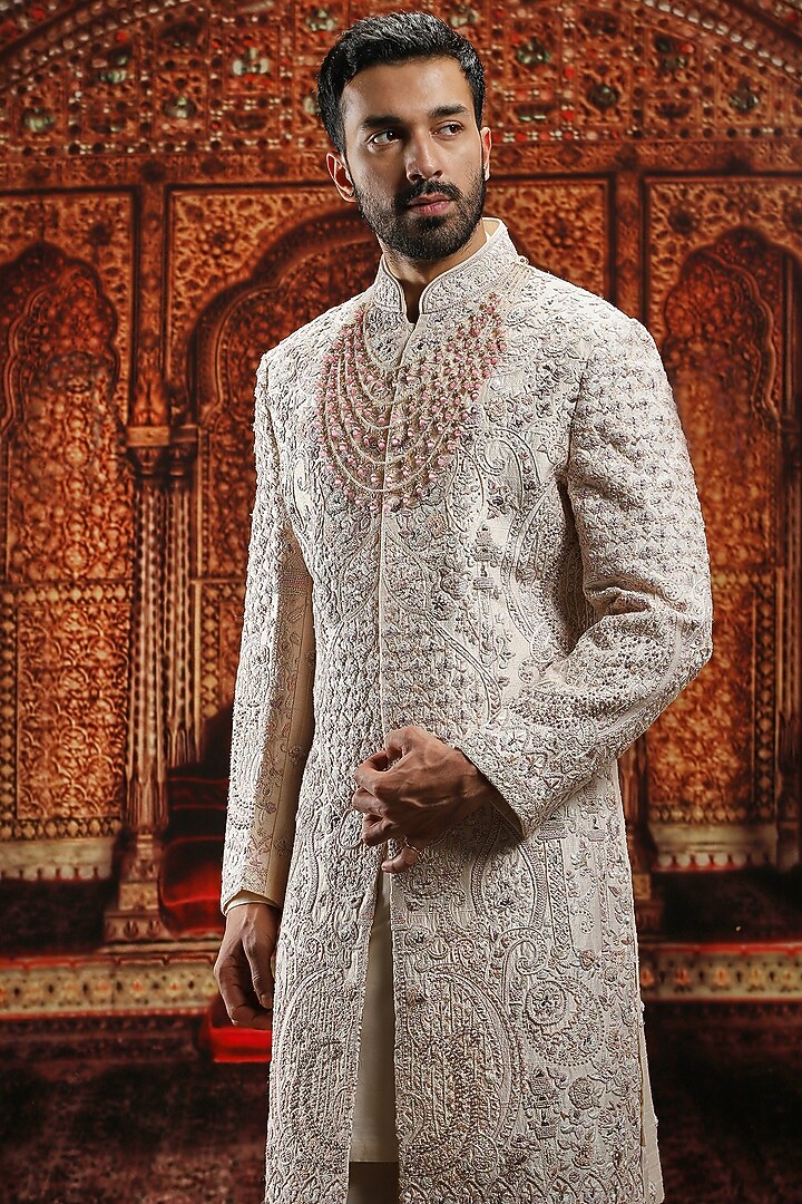 Sand Brown Raw Silk Resham Hand Embroidered Groom Sherwani Set by ASUKA at Pernia's Pop Up Shop