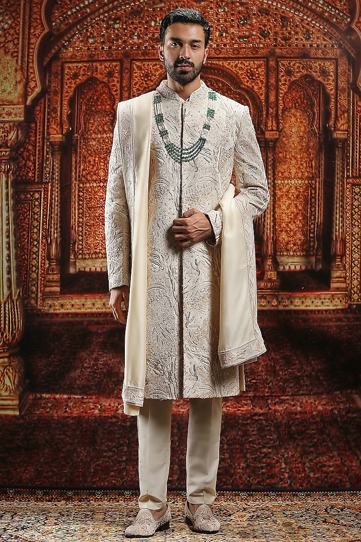 Beige Raw Silk Cutdana Hand Embroidered Sherwani Set by ASUKA