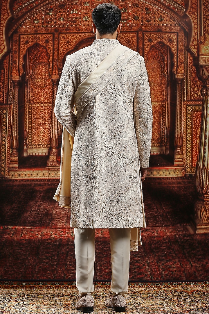 Beige Raw Silk Cutdana Hand Embroidered Groom Sherwani Set by ASUKA at Pernia's Pop Up Shop