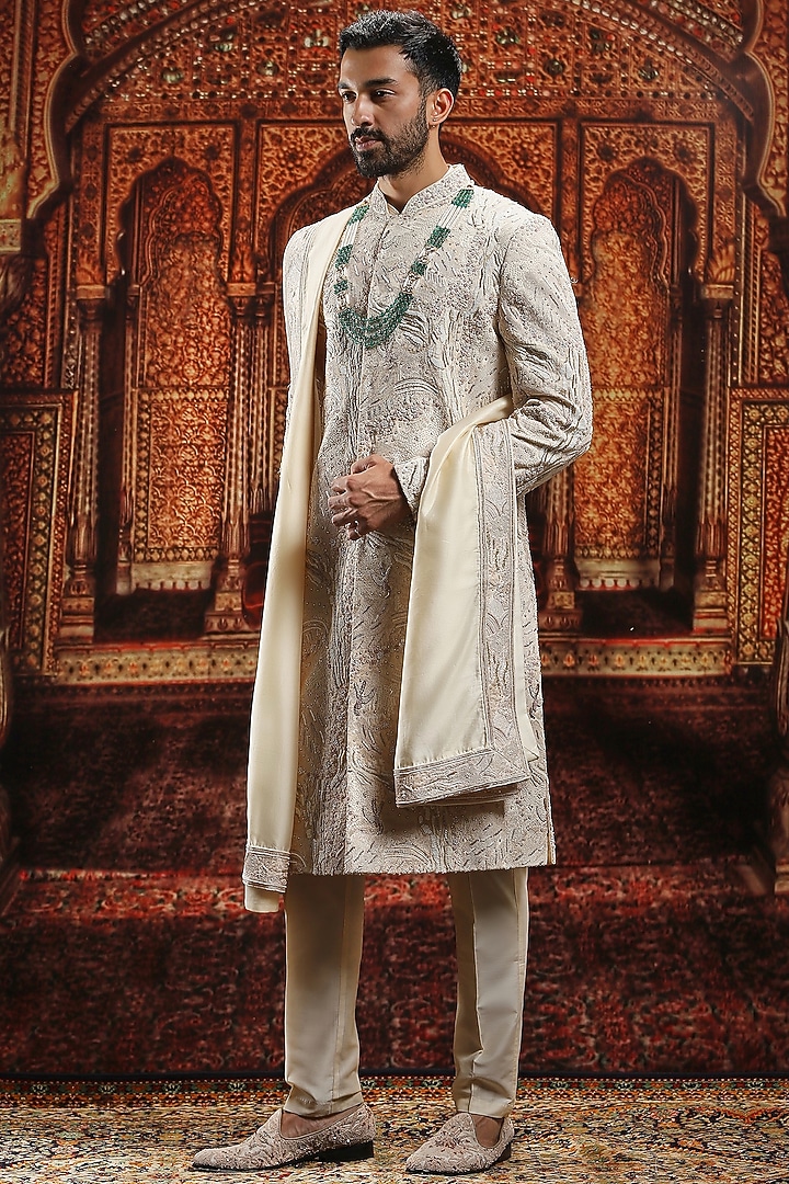 Beige Raw Silk Cutdana Hand Embroidered Groom Sherwani Set by ASUKA at Pernia's Pop Up Shop