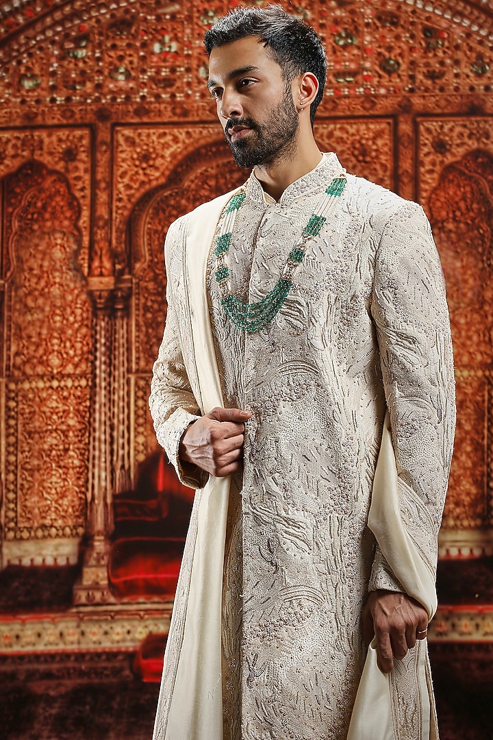 Beige Raw Silk Cutdana Hand Embroidered Groom Sherwani Set by ASUKA at Pernia's Pop Up Shop
