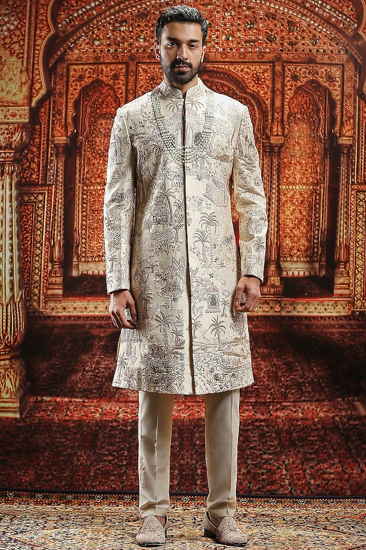 Cream Raw Silk Dabka Hand Embroidered Sherwani Set by ASUKA