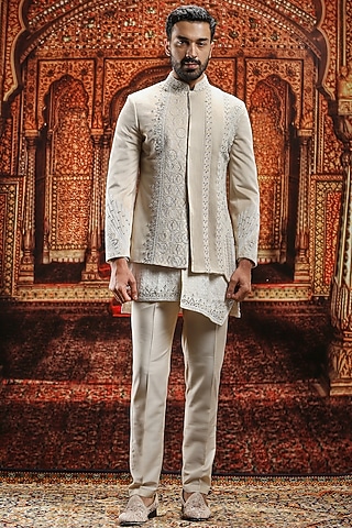 Beige Suede Swarovski Embroidered Bandhgala Set by ASUKA