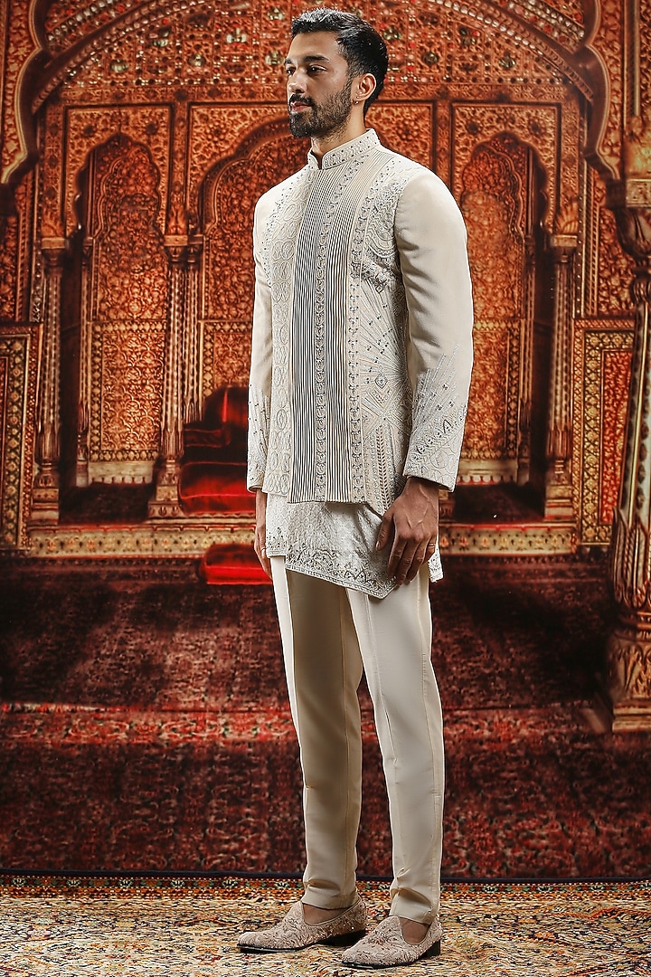 Beige Suede Swarovski Embroidered Groom Bandhgala Set by ASUKA at Pernia's Pop Up Shop