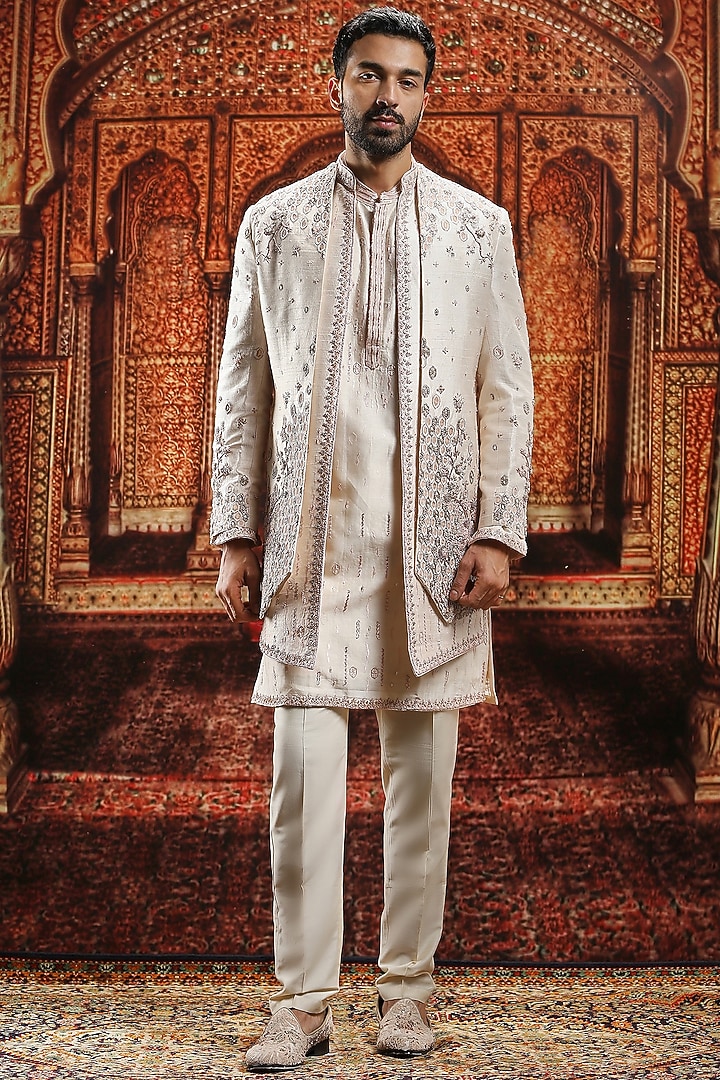 Almond Raw Silk Cutdana Hand Embroidered Indo Western Set by ASUKA at Pernia's Pop Up Shop