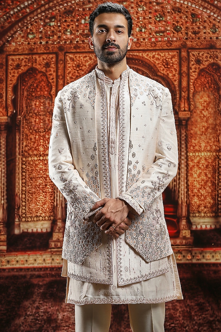 Almond Raw Silk Cutdana Hand Embroidered Indo Western Set by ASUKA at Pernia's Pop Up Shop