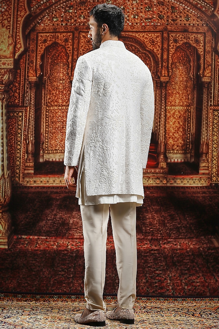 Ivory Raw Silk Pearl Hand Embroidered Groom Sherwani Set by ASUKA at Pernia's Pop Up Shop