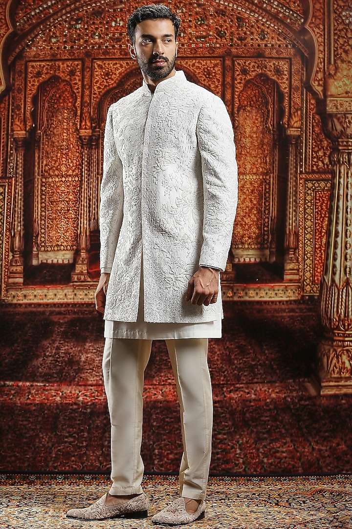 Ivory Raw Silk Pearl Hand Embroidered Groom Sherwani Set by ASUKA at Pernia's Pop Up Shop