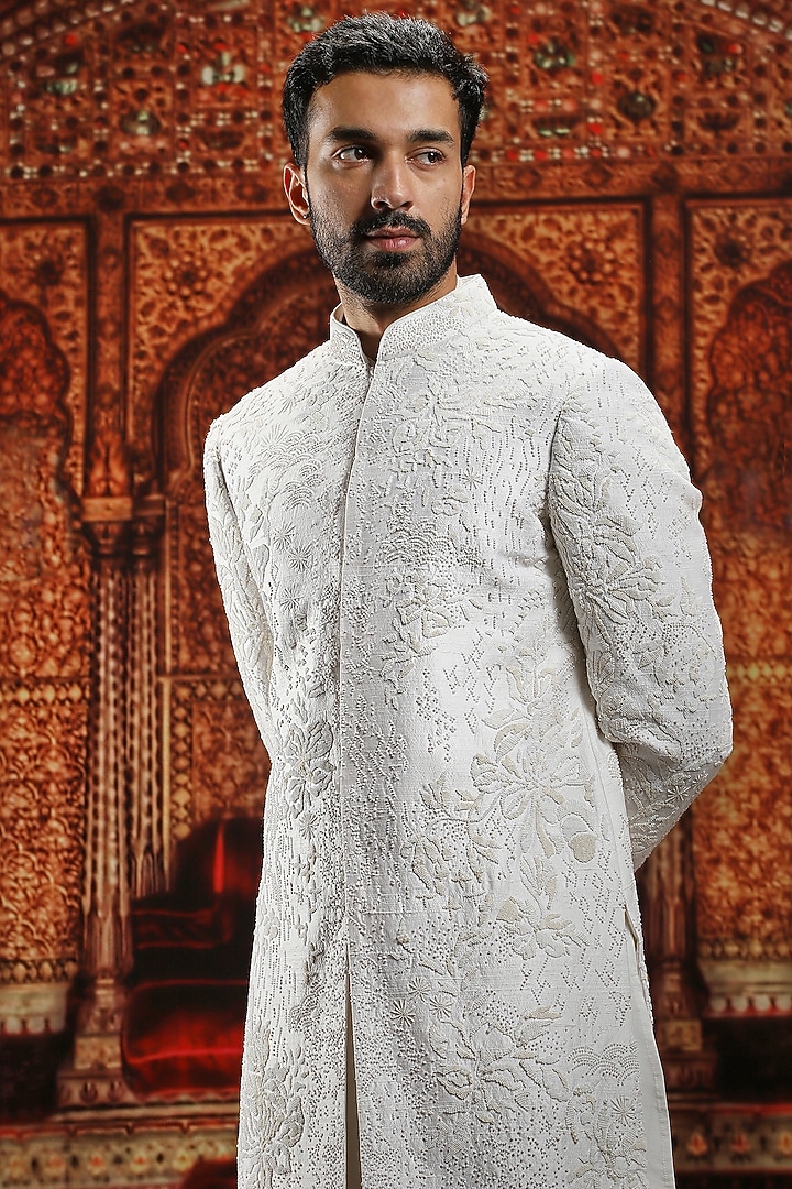 Ivory Raw Silk Pearl Hand Embroidered Groom Sherwani Set by ASUKA at Pernia's Pop Up Shop