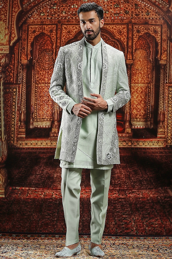 Mint Green Raw Silk Zardosi & Crystal Embellished Sherwani Set by ASUKA