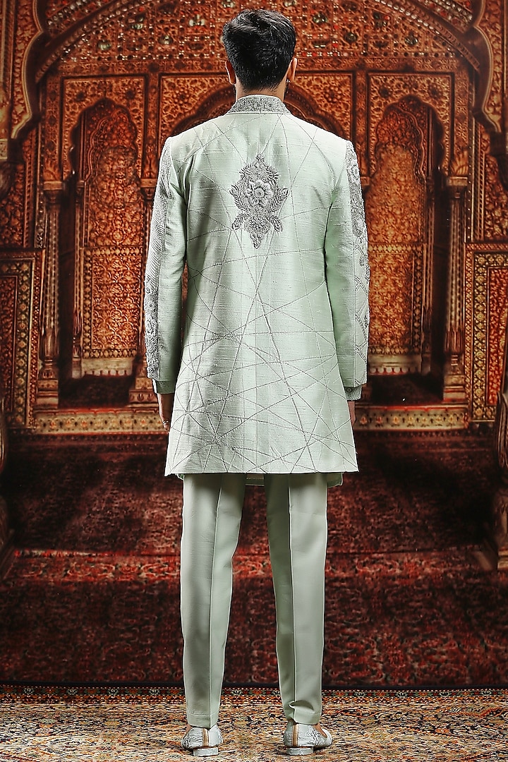 Mint Green Raw Silk Zardosi & Crystal Embellished Indowestern Set by ASUKA at Pernia's Pop Up Shop