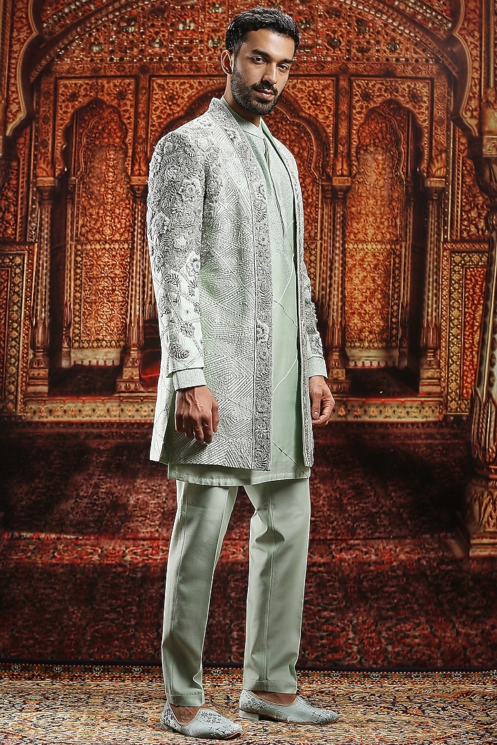 Mint Green Raw Silk Zardosi & Crystal Embellished Indowestern Set by ASUKA at Pernia's Pop Up Shop