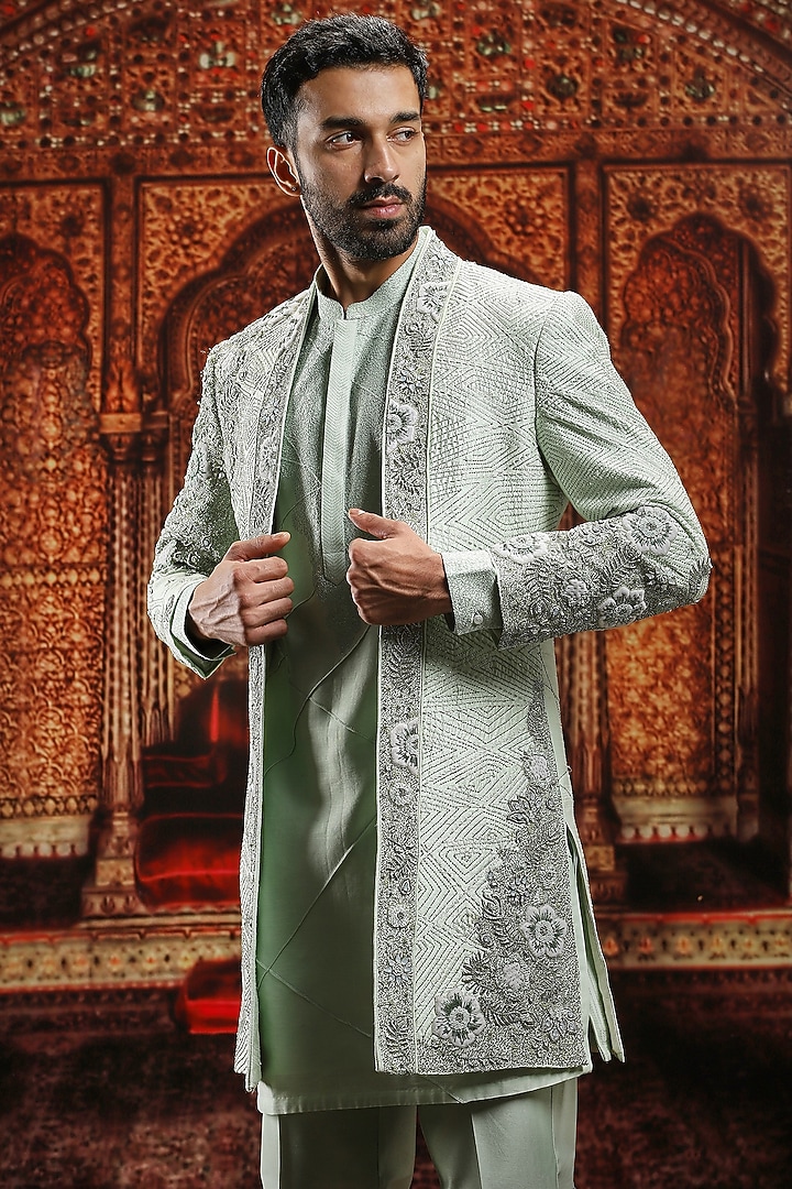 Mint Green Raw Silk Zardosi & Crystal Embellished Indowestern Set by ASUKA at Pernia's Pop Up Shop
