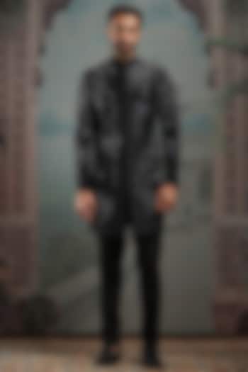 Black Raw Silk Sequin & Pearl Embroidered Groom Indowestern Set by ASUKA at Pernia's Pop Up Shop