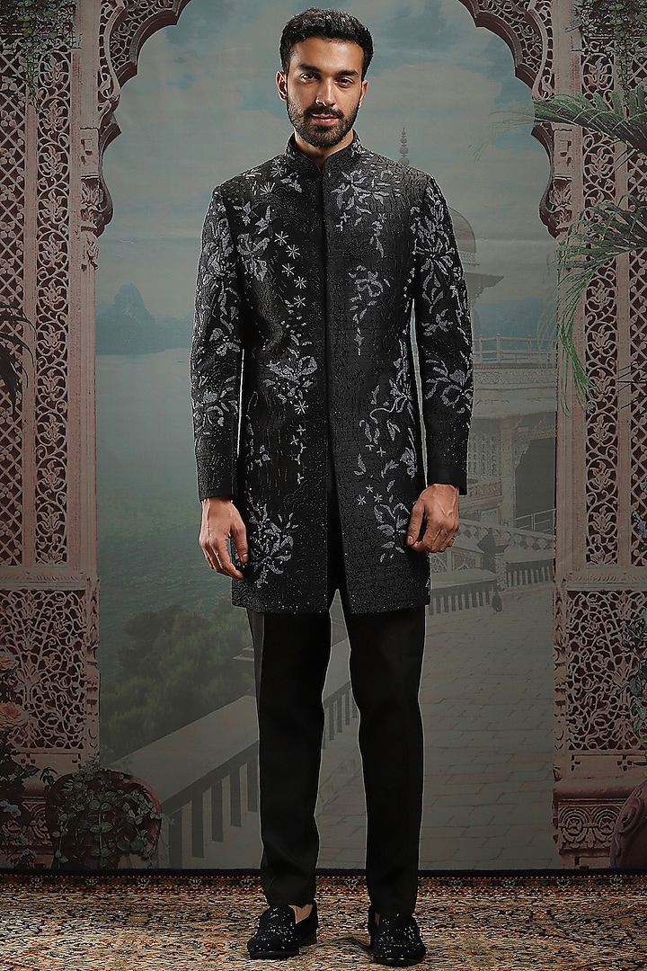 Black Raw Silk Sequin & Pearl Embroidered Groom Indowestern Set by ASUKA at Pernia's Pop Up Shop