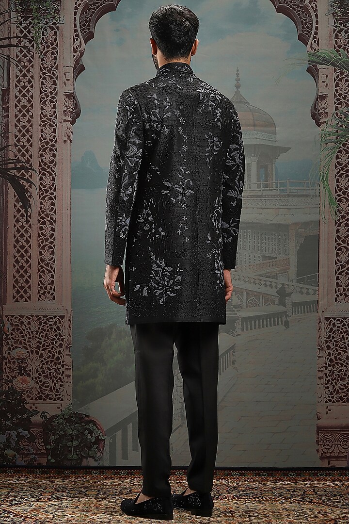 Black Raw Silk Sequin & Pearl Embroidered Groom Indowestern Set by ASUKA at Pernia's Pop Up Shop
