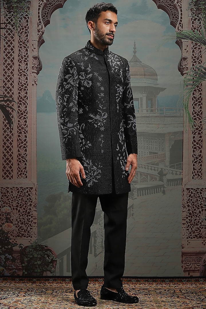 Black Raw Silk Sequin & Pearl Embroidered Groom Indowestern Set by ASUKA at Pernia's Pop Up Shop